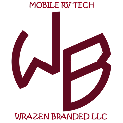 Logo featuring stylized letters "W" and "B" with "Mobile RV Tech" above and "Wrazen Branded LLC" below, in maroon color.